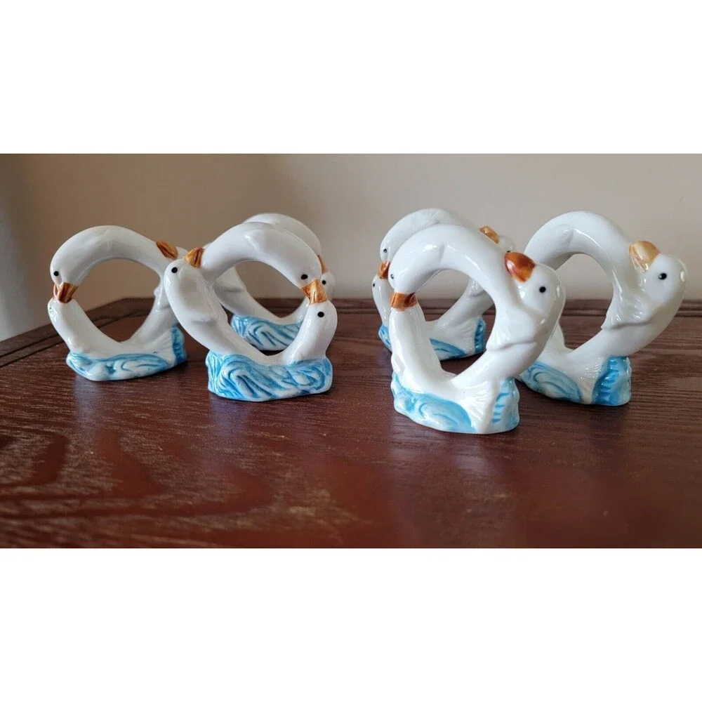 White Dolphin Ceramic Napkin Rings Holders Coastal Set of 6